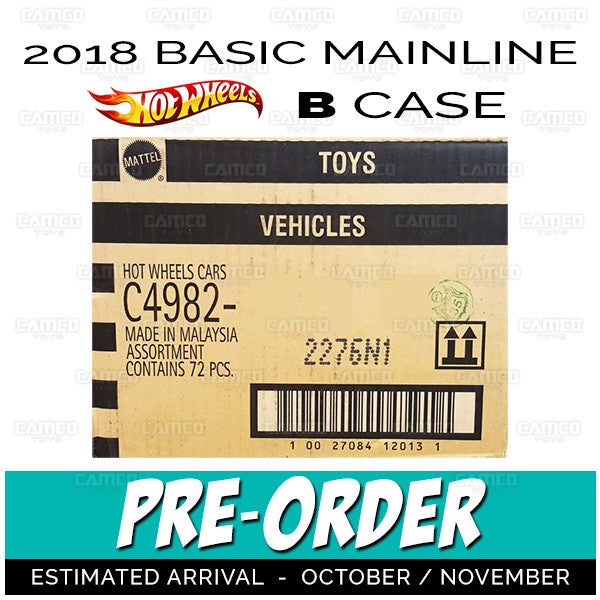 Factory Sealed case of 72 cars - 2018 Hot Wheels Basic Mainline B Case assortment C4982 by Mattel.