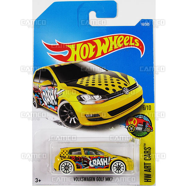 Volkswagen Golf MK7 #16 yellow (HW Art Cars) CRASH - from 2017 Hot Wheels basic mainline A case Worldwide assortment C4982 by Mattel.